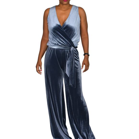 Samantha Dru Flare Jumpsuit Blue Wrap Belt Velour Velvet Wide Leg Pantsuit Small - Picture 15 of 15
